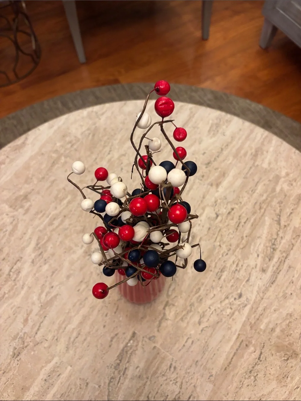 Red Ribbed Vase with Patriotic Red, White & Navy Berry Stems